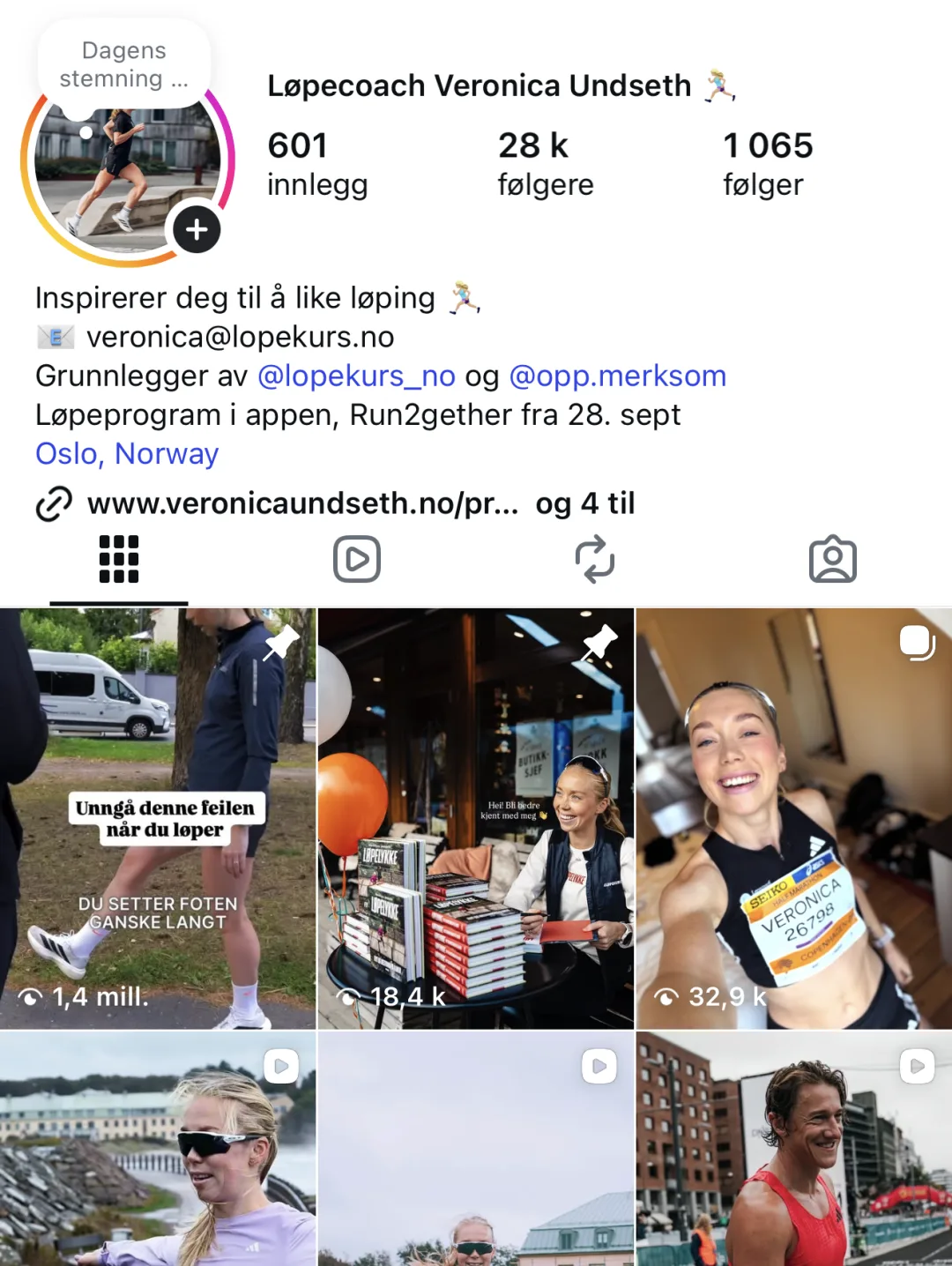 Skjermbilde av Instagram-profilen @lopecoachveronica: 601 innlegg, 28 000 følgere og rutenettet med innlegg