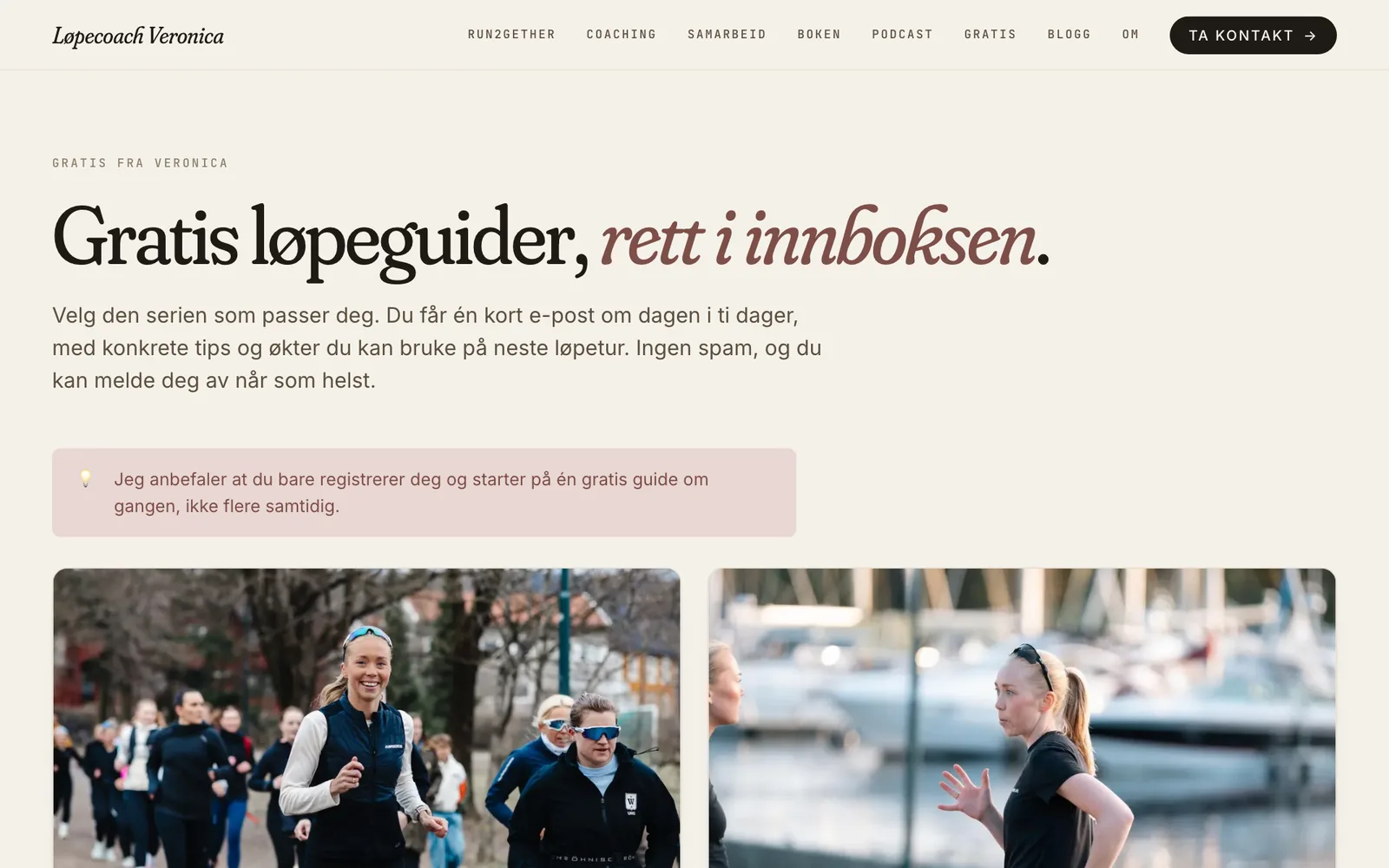 Skjermbilde av siden med gratis løpeguider på veronicaundseth.no