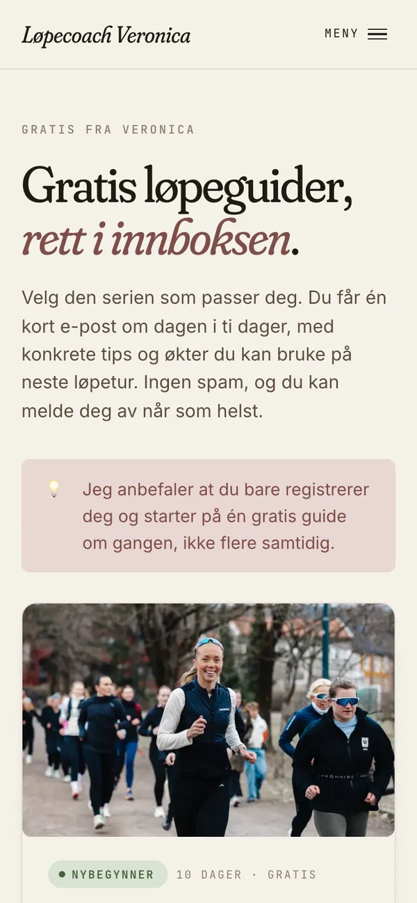 Skjermbilde på mobil av siden med gratis løpeguider på veronicaundseth.no