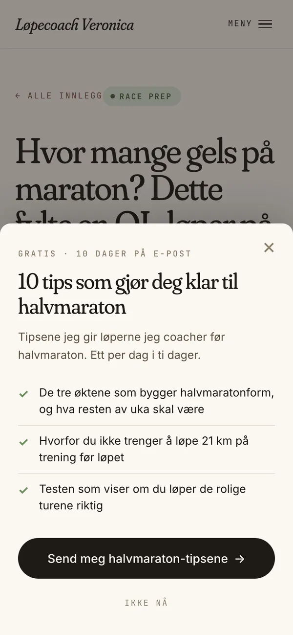 Skjermbilde på mobil av popupen som tilbyr halvmaratonserien til en som leser om maraton