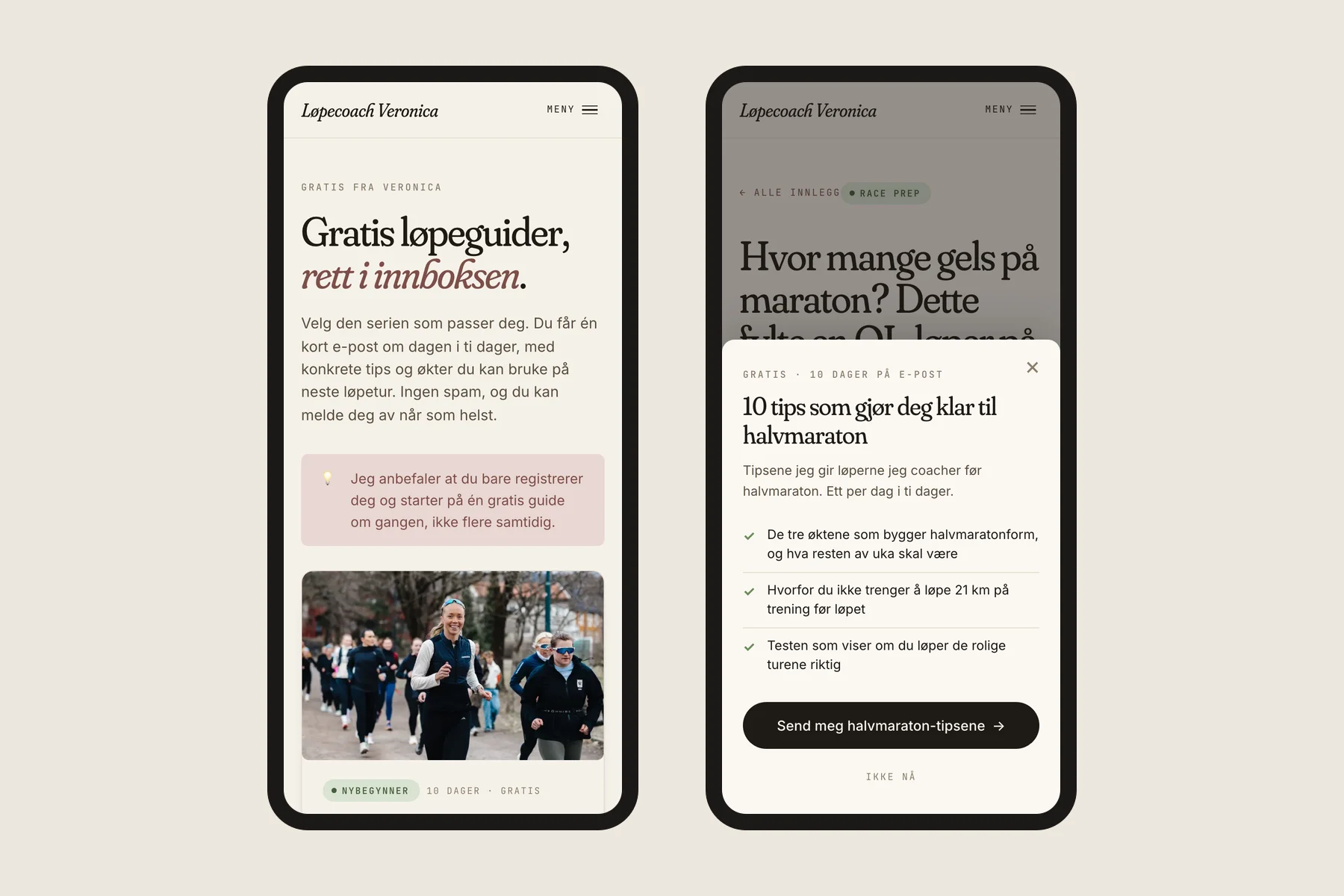 To skjermbilder fra veronicaundseth.no på mobil: siden med gratis e-postserier, og popupen som tilbyr halvmaratonserien
