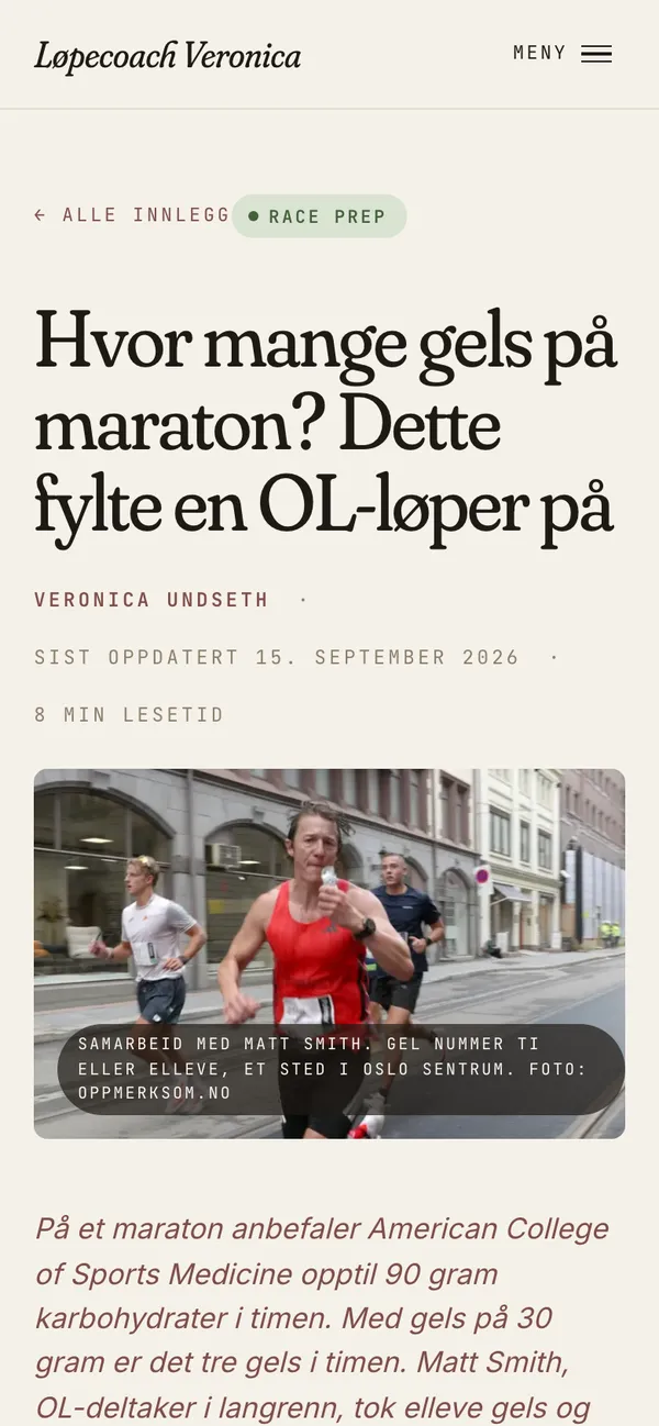 Skjermbilde på mobil av artikkelen om hvor mange gels du trenger i et maraton