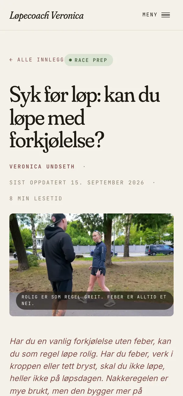 Skjermbilde på mobil av artikkelen om å løpe med forkjølelse