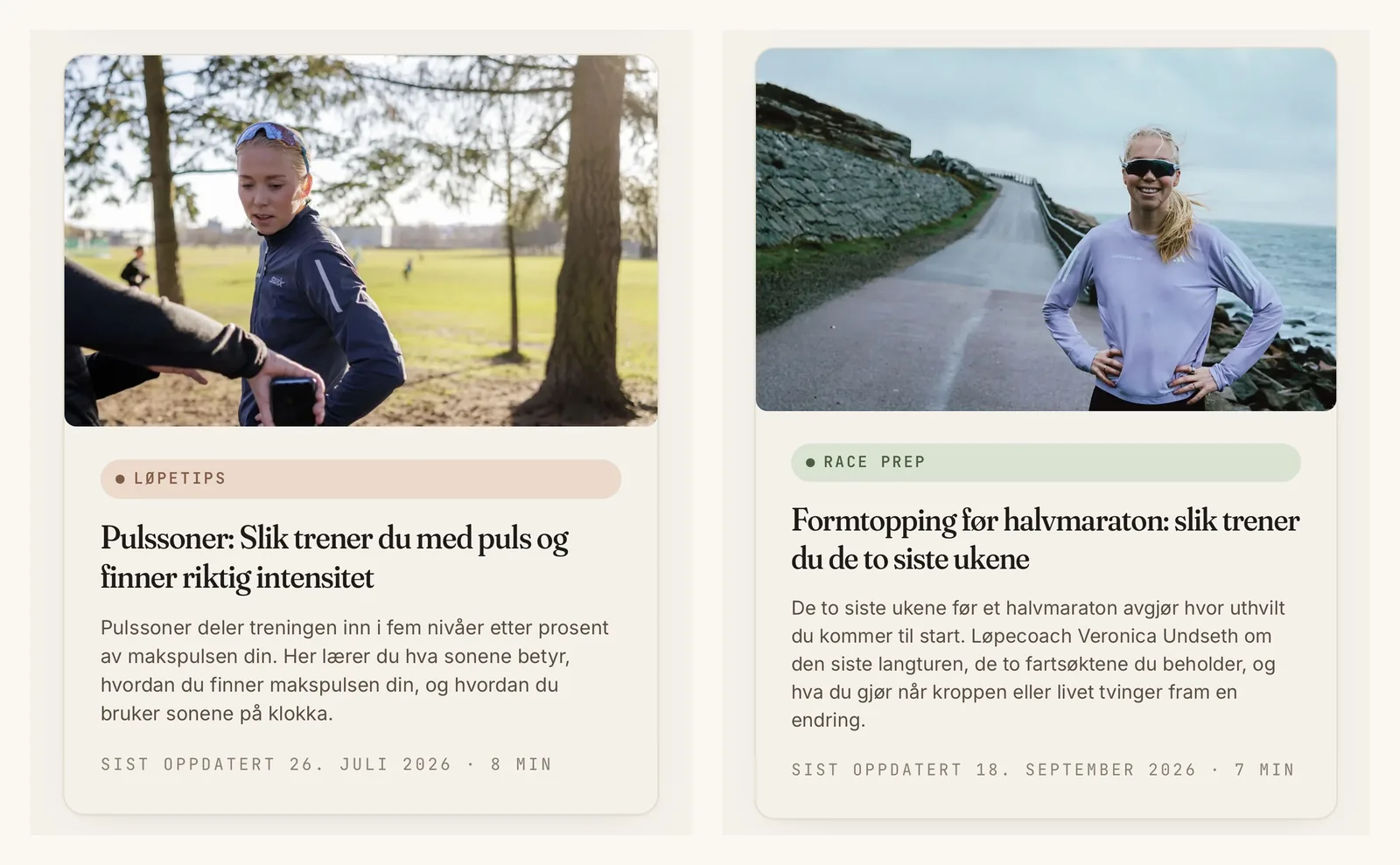 To artikler bygget på podcastepisoder: en om pulssoner og en om formtopping før halvmaraton.